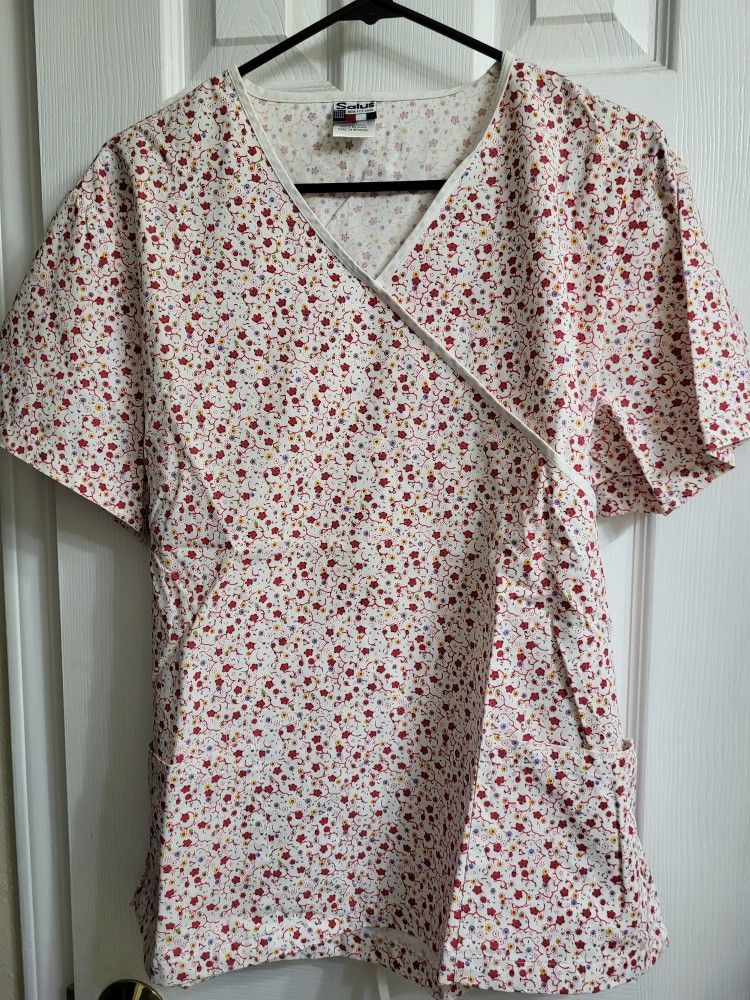Like New Red Flowers Scrub Top In Size Med