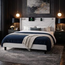 King Bed Frame with Charging Station, Velvet Upholstered Platform Bed Frame with Wingback Storage Headboard, Solid Wood Slats Support, No Box Spring N