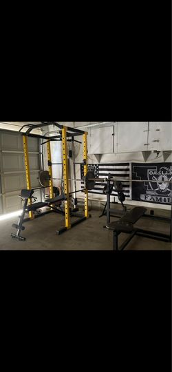 Yellow weights set for sale some plates and 45lb bar and bench