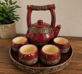Ceramic Tea Set with Tray and Four Cups
