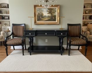uxurious black wooden console / sofa table marble top insert, drawers lower $150,  Italian made Rossetti collection solid accent wood arm chair $95 ea
