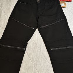 NEW-True Religion Men’s Moto Black Denim Jeans Size 36-Multi Zipper 36 x 33 - Stretchy Material