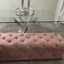 Glass Kitchen Table Set w 4 acrylic chairs and pink ottoman for Sale