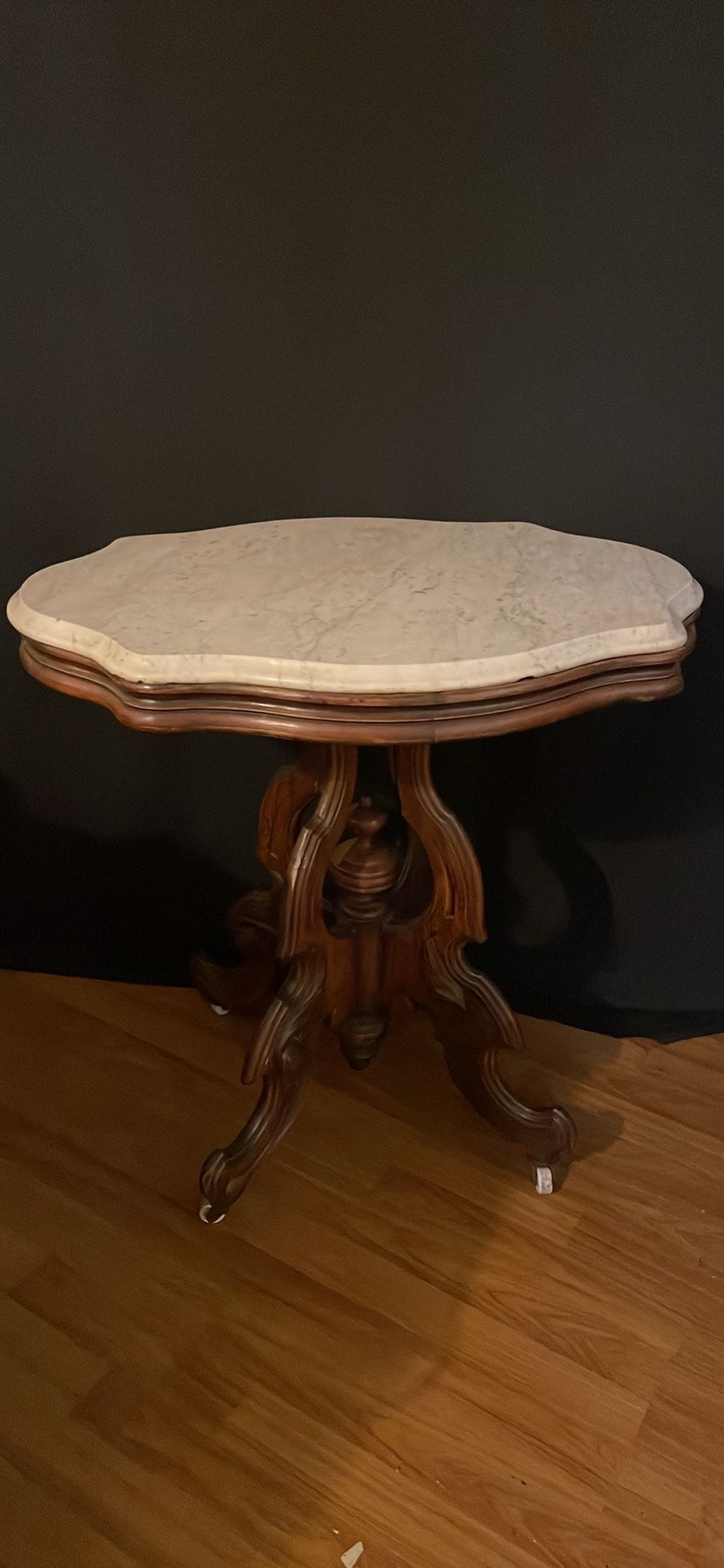 Antique Victorian Carved Walnut Marble Turtle Top Parlor Center Accent Table as is pick up deliver. 