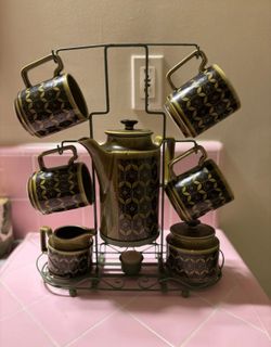 Vintage Royal Sealy Coffee Pot Set 4 Mugs Cream & Sugar Bowl/Stand MCM Green