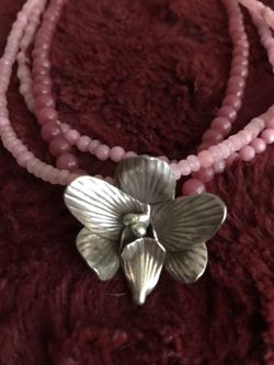 Rose quartz and ruby necklace with hill tribe silver pendant