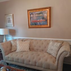 Beautiful Beige Tufted Chesterfield Sofa with Nail Head Trim