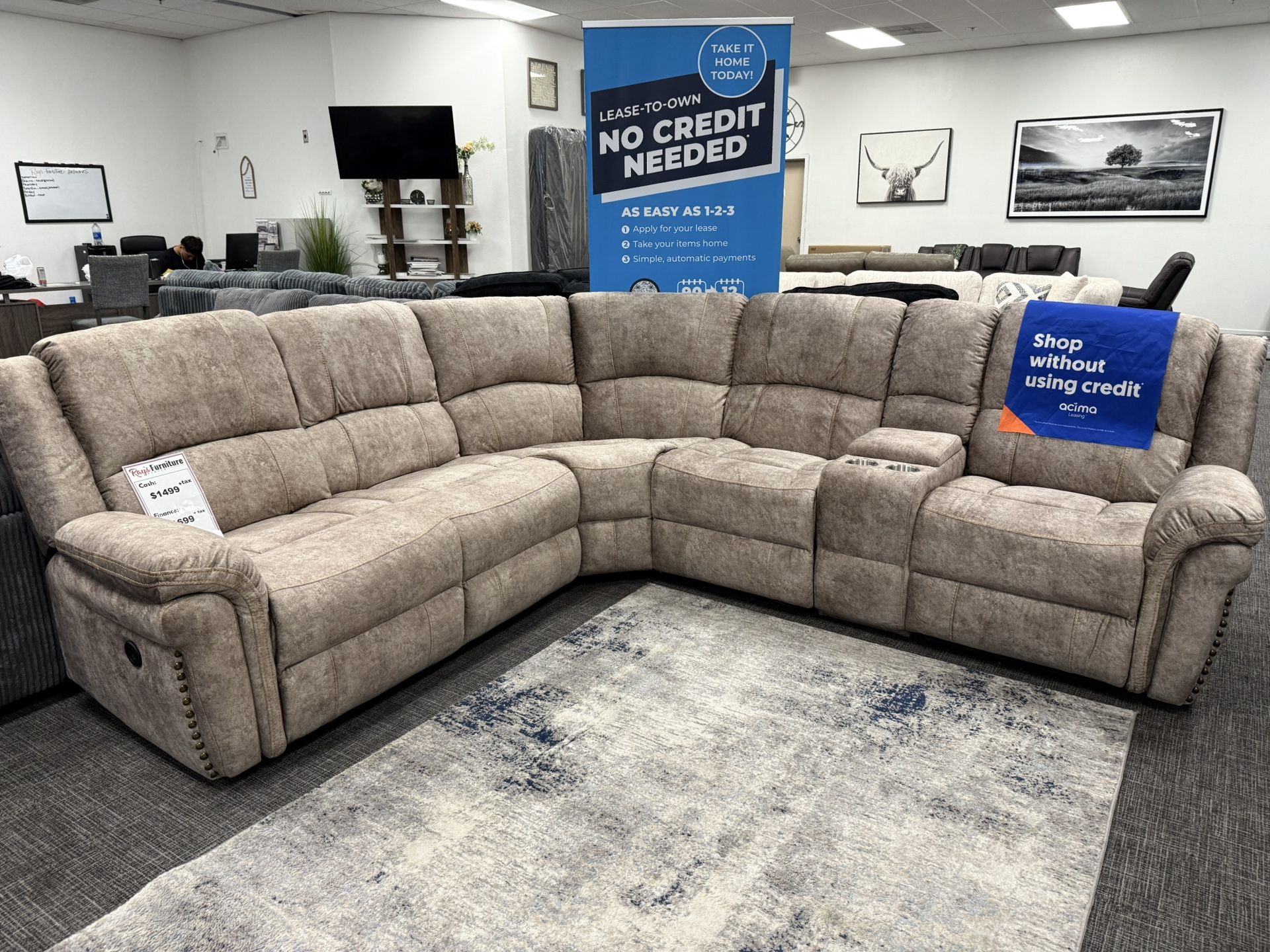 Tan Sectional Recliner + Cup Holders Set - Free Delivery Promo 