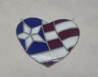 Beautiful Vintage American Flag Heart Stained Glass  Suncatcher