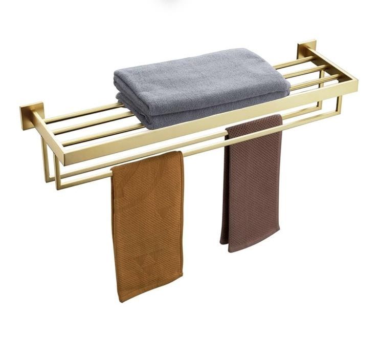 KOKOSIRI 32'' Towel Shelf Holder Bathroom Towel Rack with Two Bath Towel Bars Rails SUS304 Stainless Steel Wall Mount, Brushed Gold B6003BG-L32