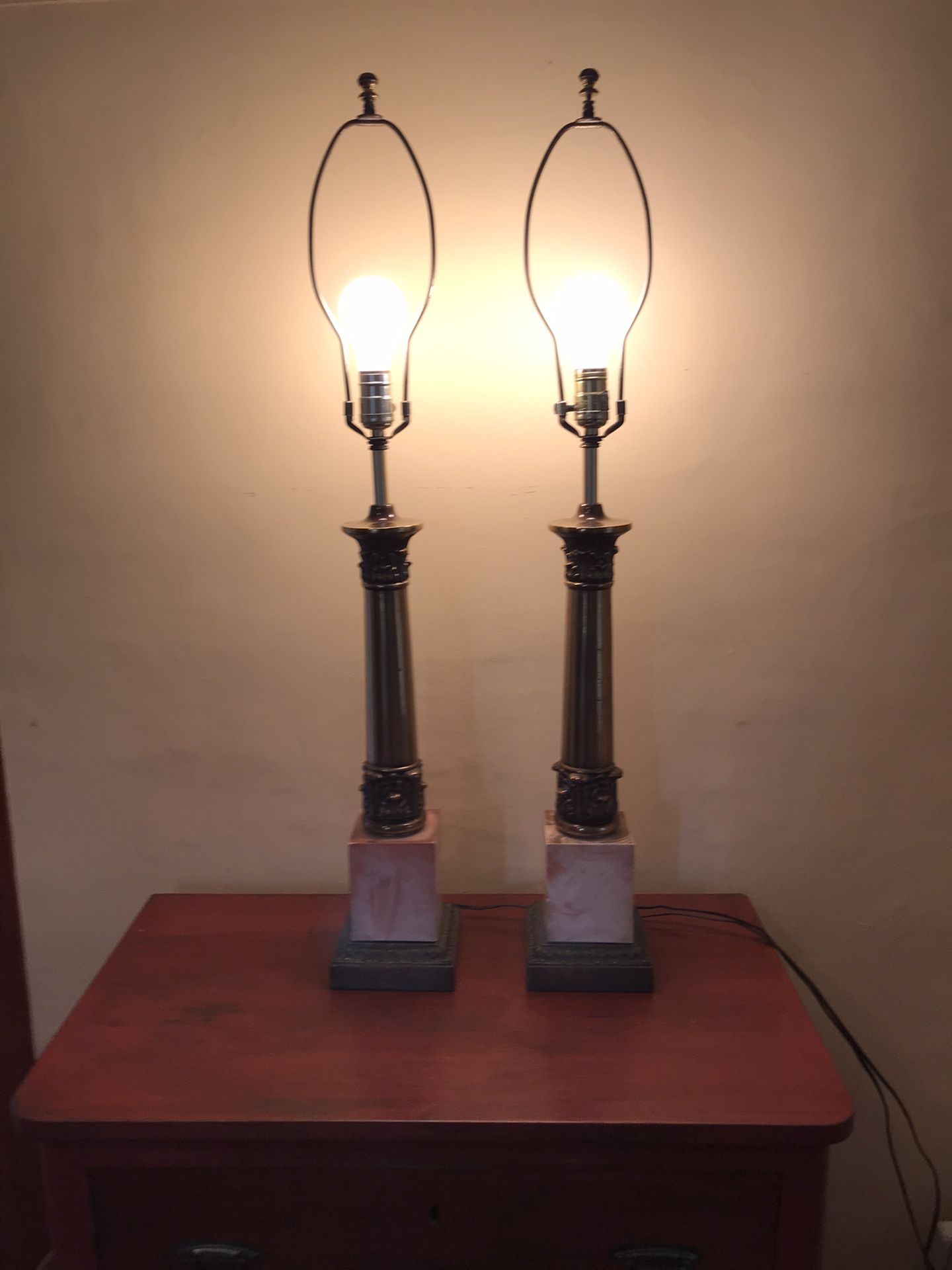 Pair of Vintage Brass and Marble Table Lamps