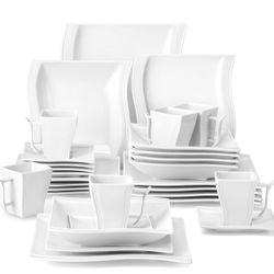 MALACASA Ivory White Dinnerware Sets, 30-Piece Porcelain Plates and Bowls Sets, Modern Dish Set for 6, Square Plates Dinnerware Set Kitchen Dishware S