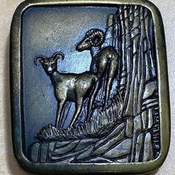 Vintage 1976 Indiana Metal Craft Brass Rams on Cliffside Belt Buckle