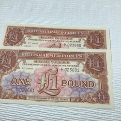 Pair of Consecutively numbered Great Britain armed forces 3rd Series special voucher like US MPC 1 Pound notes 1956 pick#M29 both notes cherry gem unc