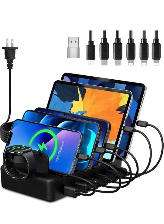 Charging Station for Multiple Devices, CREATIVE DESIGN 50W 6 Ports USB Charger Station with Apple Watch Holder & 6 Cables, Charging Dock for iPad Cell
