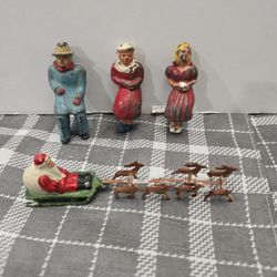 Vintage Lead Figurines - Santa with Sleigh and 3 People figures