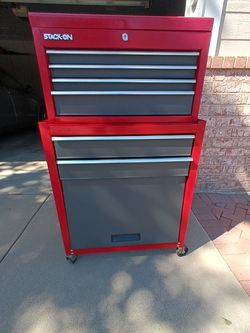 Pair of Stack on Red Tool Boxes Toolboxes w Wheels