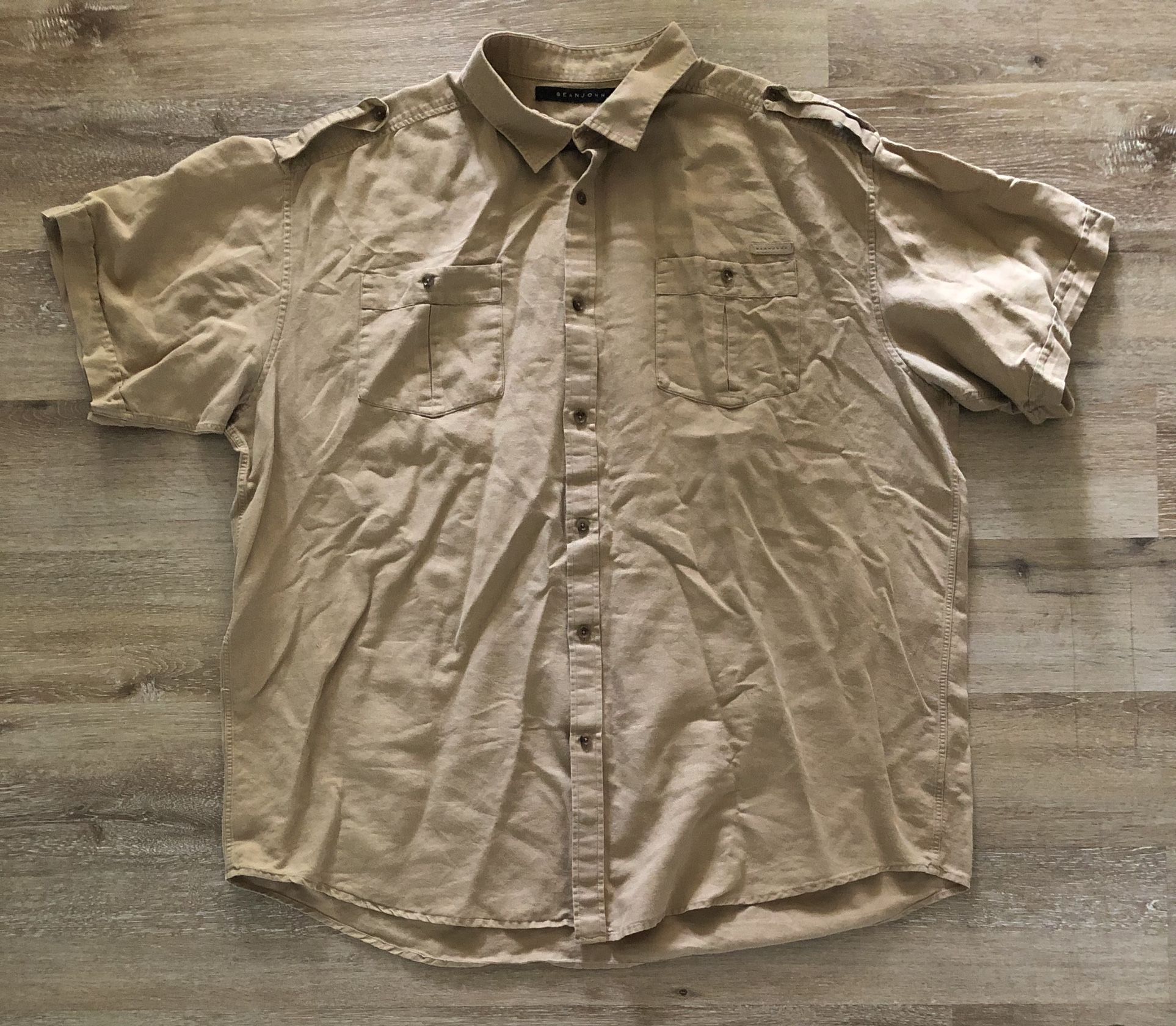 Sean John Mens Size 3XLT Military Style Linen Blend Button Up Shirt Beige   