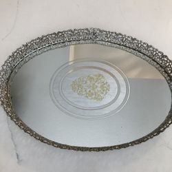 Filigree Vintage floral Vanity Mirror Tray gold-tone Oval Frame 16" x 11" large 