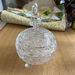 Vintage Crystal clear glass footed candy dish with lid Geometric Floral Design