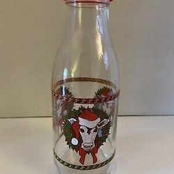 Glass Milk Jug with Lid Tall Christmas Moo Cow Wreath France Vintage 9.5T


