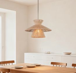 Light Rattan Style Pendant Light, Boho Hand-Woven Jute Rope Shades with Adjustable Antique Brass Rod