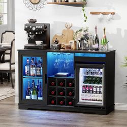 Large Coffee Bar Cabinets Liquor Wine Bar Cabinet with LED Lights, Glass Holder, Wine Rack, Human Body Sensor, Buffet Sideboard for Home, Black