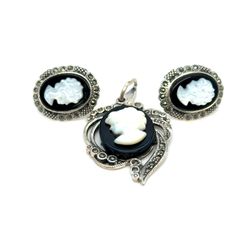 Vintage Sterling Silver 925 Lady Cameo Stud & Pendant Set