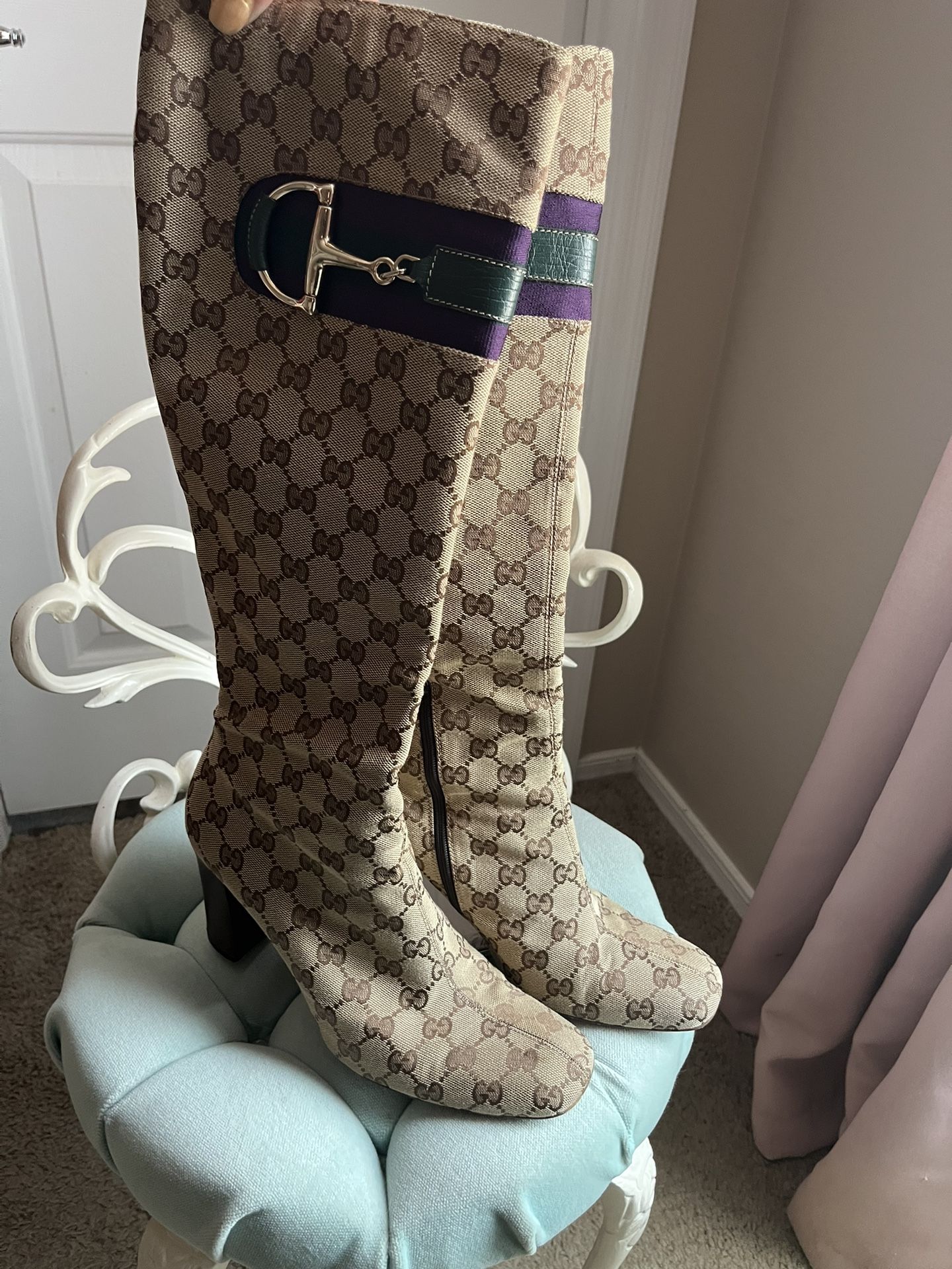 Gucci Beige/Brown GG Canvas Horsebit Knee Length Boots Sz 9.5
