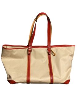 Vintage Coach Hamptons Tote Canvas With Tan/Red Leather Straps/Trim Zipper Close