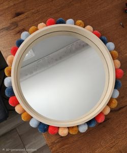 Pillowfort 19" Round Colorful Pom-Pom Mirror. 