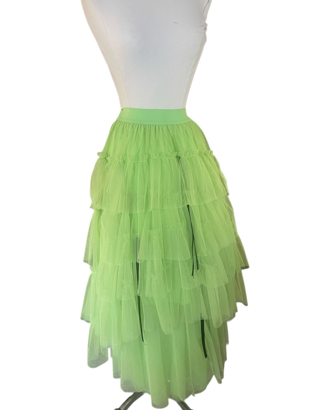 Green Layered Tulle Tutu Skirt - neon Asymmetrical Hem with ribbons ruffled