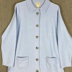 L.L.Bean Women's Light Blue 100% Lambs Wool Collared Cardigan Sweater M