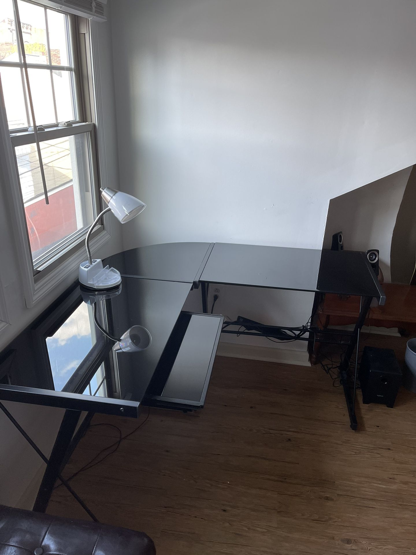 Glass Desk With Metal Frame And Glass Keyboard Tray On Ball Bearing Slides