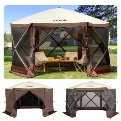  Gazebo Screen Tent, 10 x 10 ft, 6 Sided Pop-up Camping Canopy Shelter Tent with Mesh Windows, Portable Carry Bag, Ground Stakes, Large Shade Tent