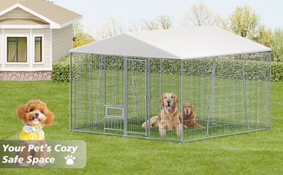 10 x 10-FT heavy-duty outdoor dog kennel with feeding bowl, full coverage waterproof roof, easy-to-assemble wire mesh fence with secure lock.