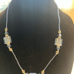 Blue beaded glass necklace with crystal spacers