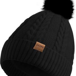 Women's Winter Fleece Beanie Hat, Warm Soft Wool Lined Knit Cross Cap with Pom Pom Snow (Black, Red, Pink or white)