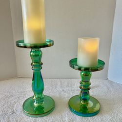 2 Lightscapes Green Iridescent Pedestal Pillar Candle Holders-Candles Not Included 