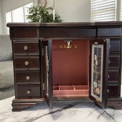 Jewelry Box Cherry Wood w/Etched Rose Armoire-Style Doors