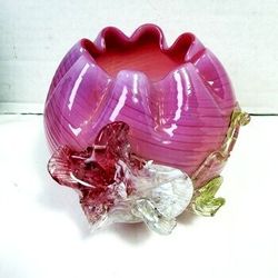 Antique 1890s Harrach Bohemian Uranium Glass Pink Swirl Flower Vase 4 Inch