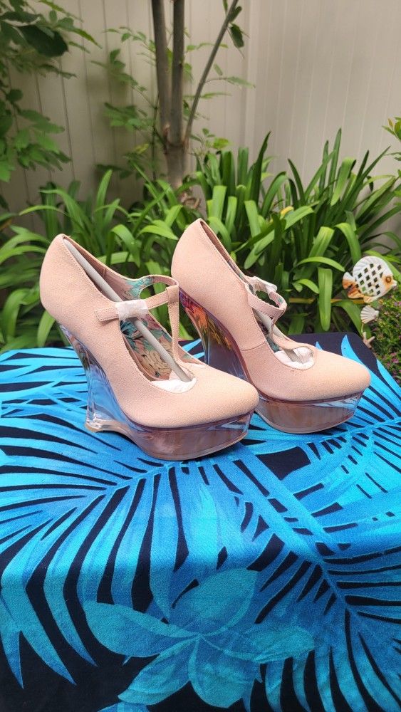 Peach Stretch Chiffon Clear Wedge