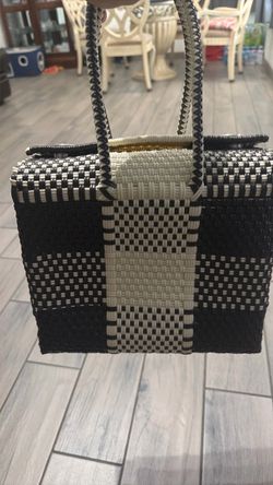 Woven Plastic Tote Bag Brown and Cream