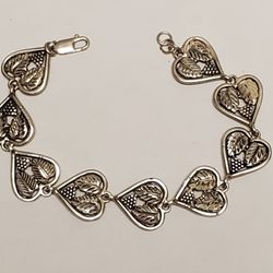 Vintage 925 Sterling Silver Heart Link Leaves And Grapes Bracelet