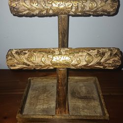 Hand Carved Wooden Jewelry Tree With Ring Trays 