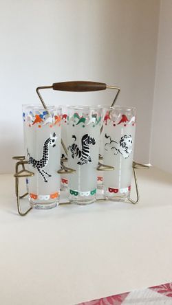 Christmas Gift Perfect Vintage Libbey Drinking Glasses Carousel Merry-Go-Round Frosted Glass Set Of 6 With Caddy 1950s Kitchen Ware