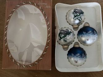 Vtg Cardial Birds & Fir Pinecones Silvery Stenciled Glass Ornaments