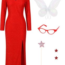 Halloween Godmother Costume For Women 5 PCS Red Dress with Wings Earrings Glasses Magic Wand Outfit Adult for Cosplay Props