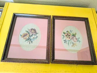 Vintage Framed Floral Cross Stitch Ovals