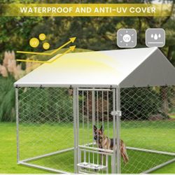 New In Box! 10'x10' Xlarge Dog Kennel With UV Roof Cover,  Swivel Feeder Door & Bowls Galvanized Chain Link Dog House 